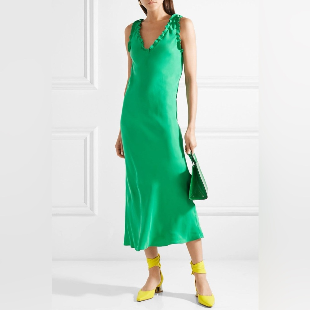 Tibi Ruffle Neckline Green Cupro Bias Slip Midi Dress Size 2